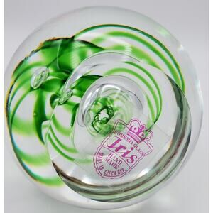 Iris Bohemia Crystal Art Round Green Swirls Glass Clear Handmade Vintage 12" EUC
